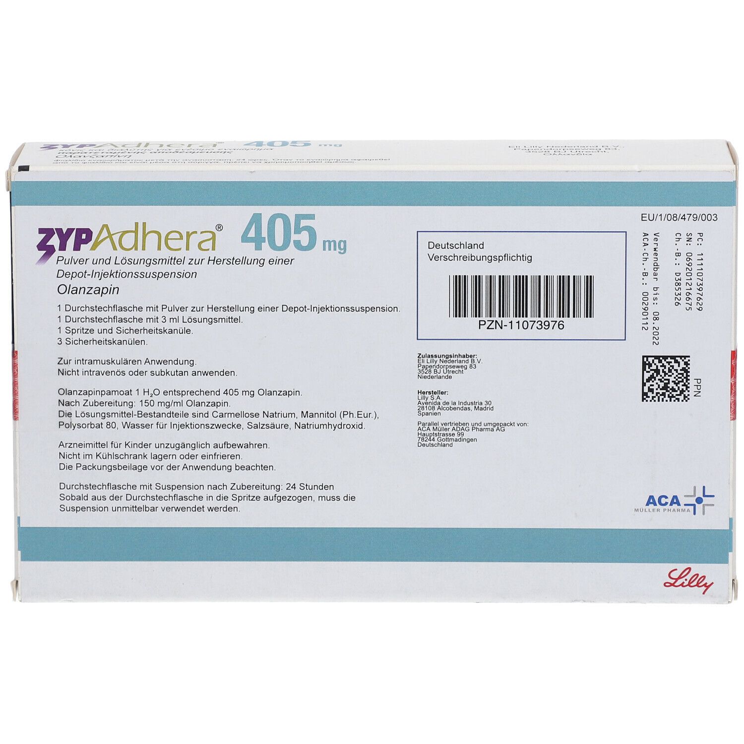 Zypadhera 405 mg-Verpackung. Enthält Pulver und Lösungsmittel zur Herstellung einer Depot-Injektionssuspension. Text in Deutsch.