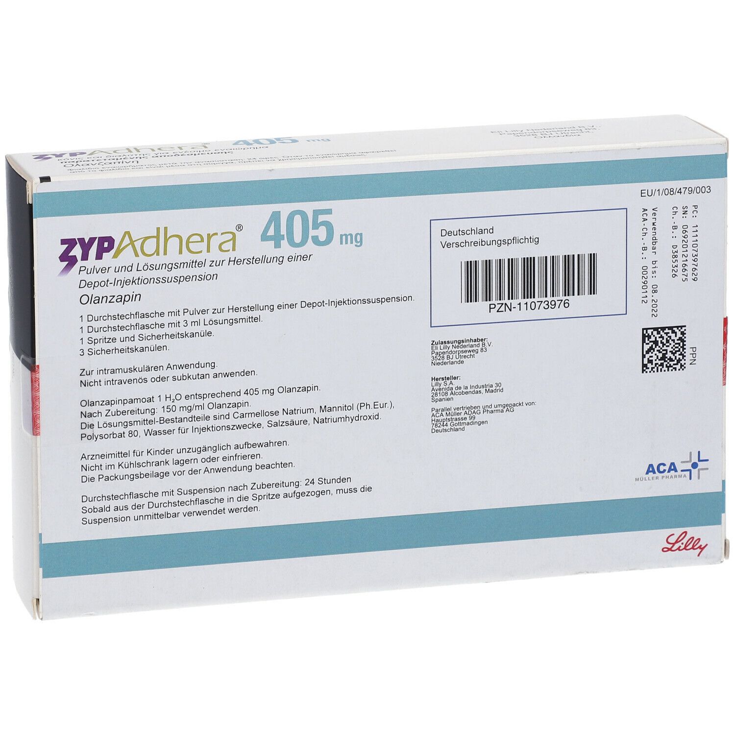 Zypadhera 405 mg-Verpackung. Enthält Pulver und Lösungsmittel zur Herstellung einer Depot-Injektionssuspension. Text in Deutsch.