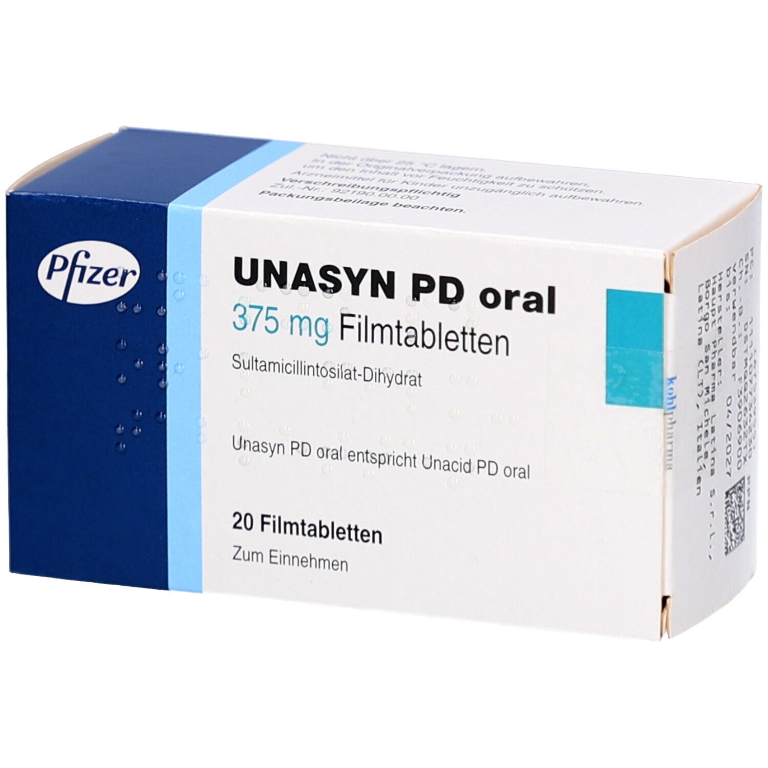 Schachtel mit UNASYN PD oral Filmtabletten. Blaue und weiße Verpackung mit Pfizer-Logo. Enthält 20 Tabletten.