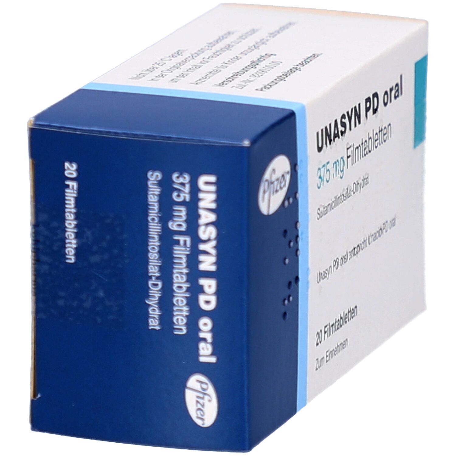 Schachtel mit UNASYN PD oral Filmtabletten. Blaue und weiße Verpackung mit Pfizer-Logo. Enthält 20 Tabletten.
