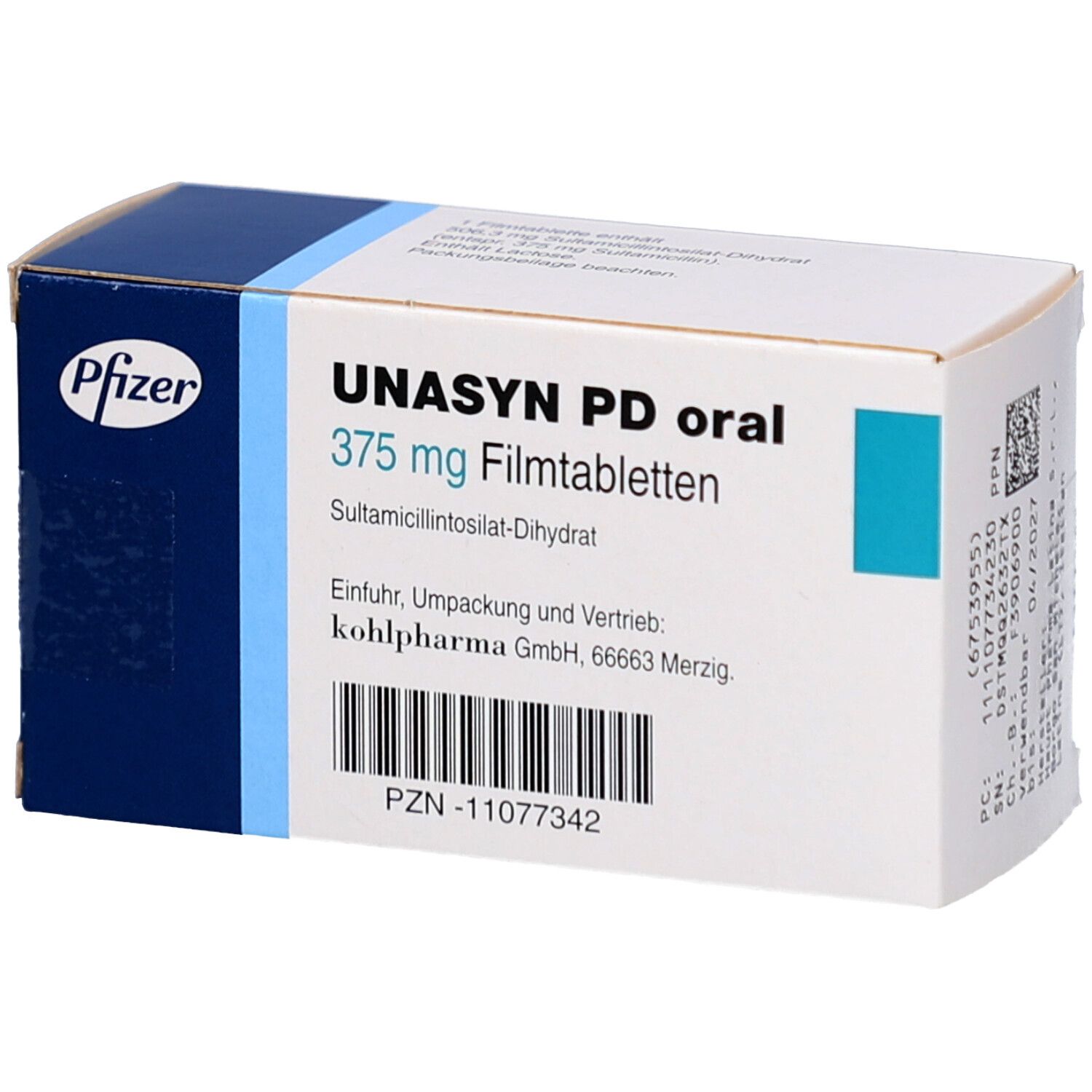 Schachtel mit UNASYN PD oral Filmtabletten. Blaue und weiße Verpackung mit Pfizer-Logo. Enthält 20 Tabletten.
