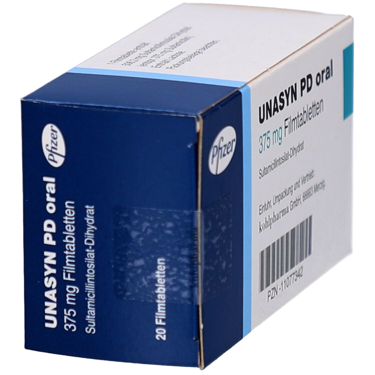 Schachtel mit UNASYN PD oral Filmtabletten. Blaue und weiße Verpackung mit Pfizer-Logo. Enthält 20 Tabletten.