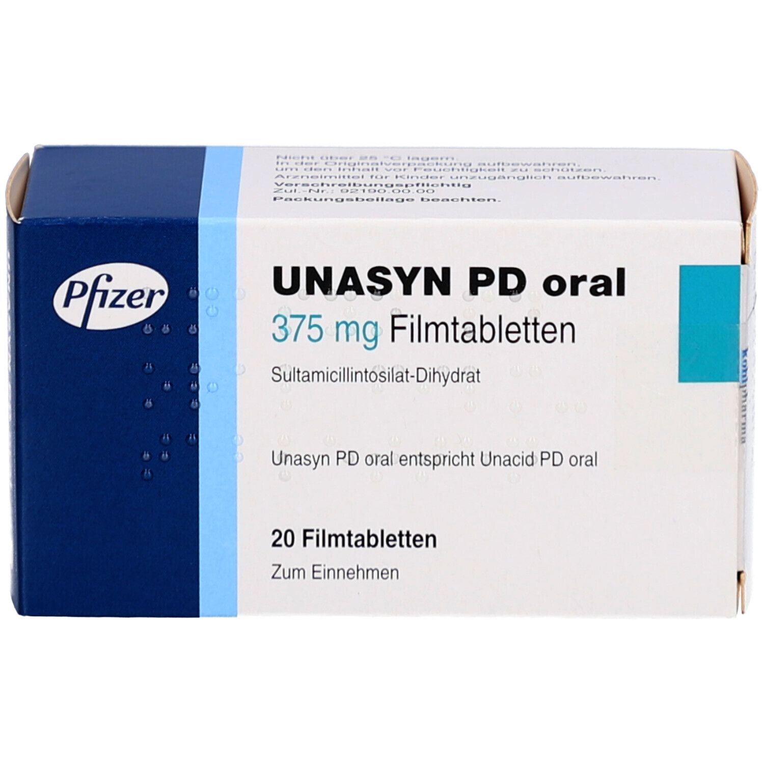 Schachtel mit UNASYN PD oral Filmtabletten. Blaue und weiße Verpackung mit Pfizer-Logo. Enthält 20 Tabletten.