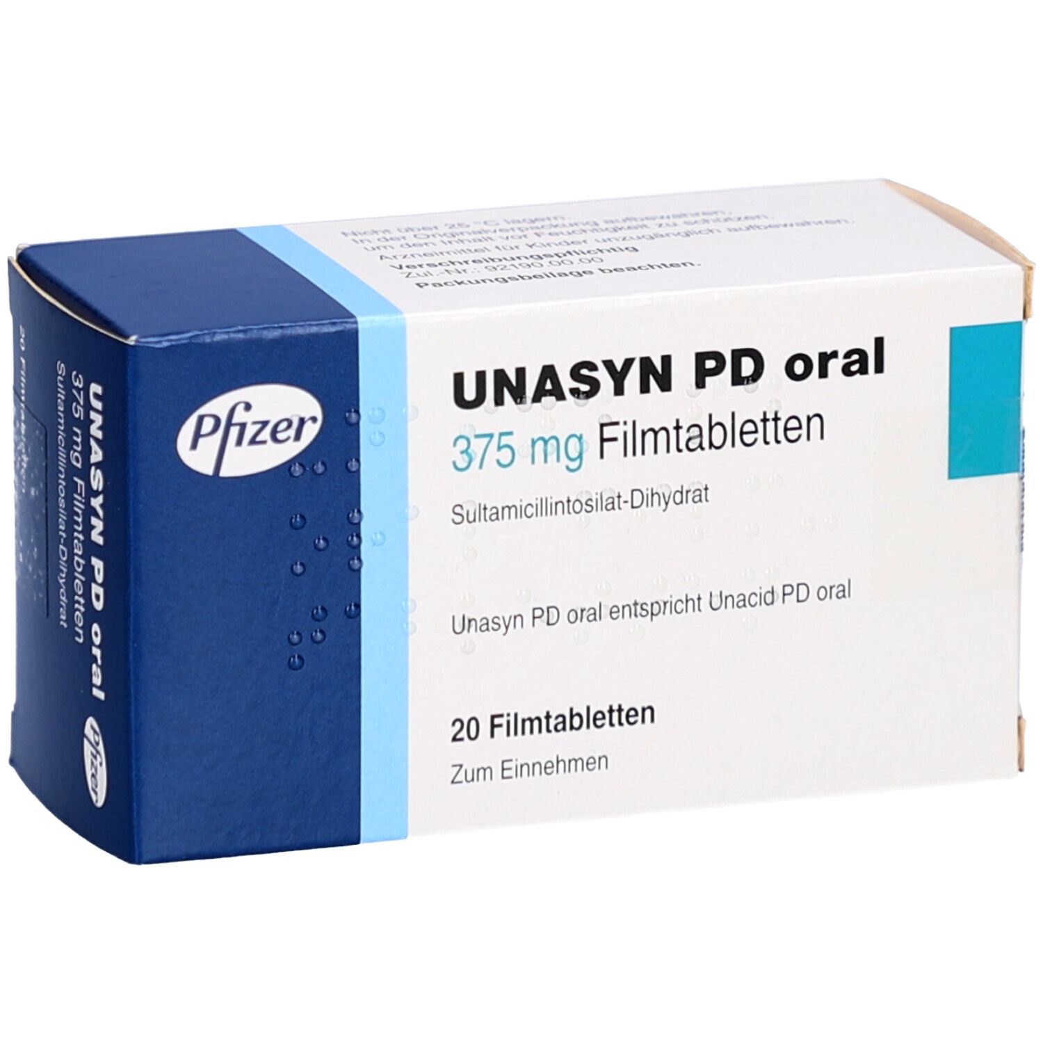 Schachtel mit UNASYN PD oral Filmtabletten. Blaue und weiße Verpackung mit Pfizer-Logo. Enthält 20 Tabletten.