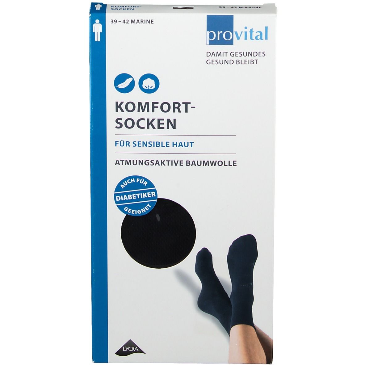 Verpackung mit marinefarbenen Komfortsocken. Text: "provital", "Komfortsocken", "Für sensible Haut". Größe 39-42. Baumwolle.