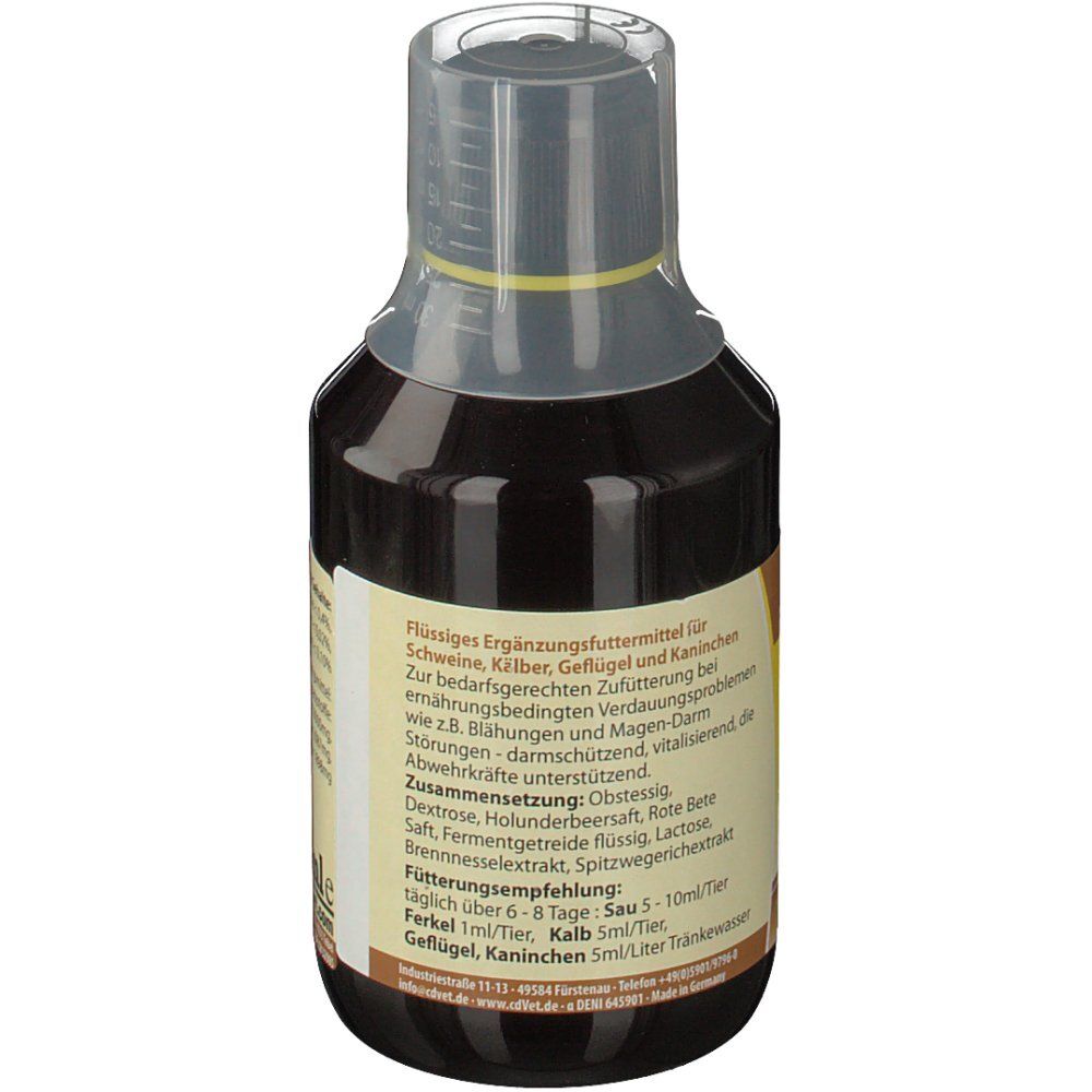 Braune Flüssigkeit in einer Flasche mit gelbem Etikett. Auf dem Etikett sind Textinformationen und eine Dosierungsanweisung zu sehen.