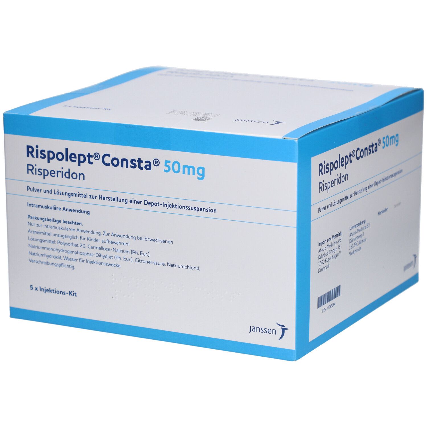 Karton von Risperdal Consta 50mg. Aufschrift: Risperidon, Pulver und Lösungsmittel zur Herstellung einer Depot-Injektionssuspension. Janssen Logo.