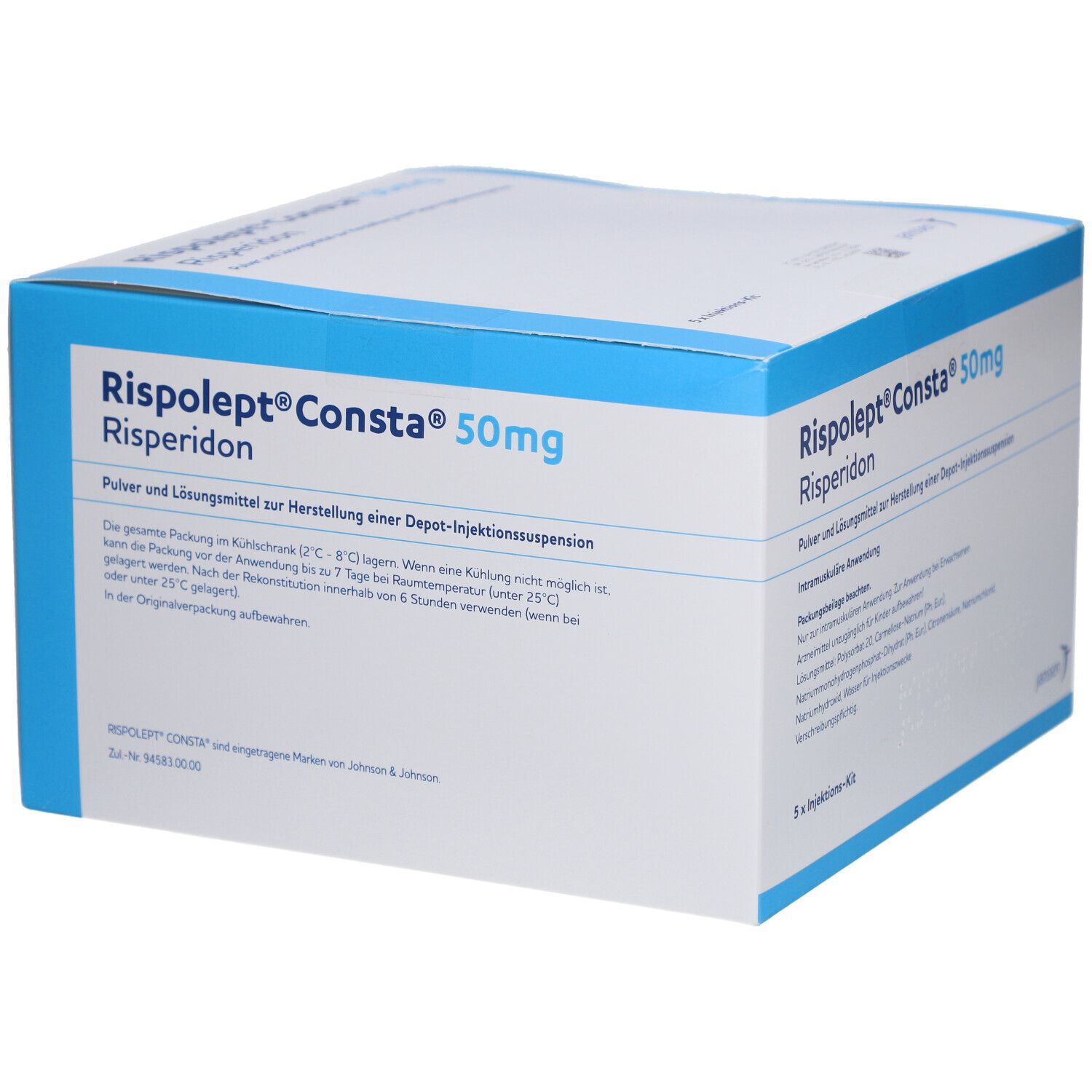 Karton von Risperdal Consta 50mg. Aufschrift: Risperidon, Pulver und Lösungsmittel zur Herstellung einer Depot-Injektionssuspension. Janssen Logo.
