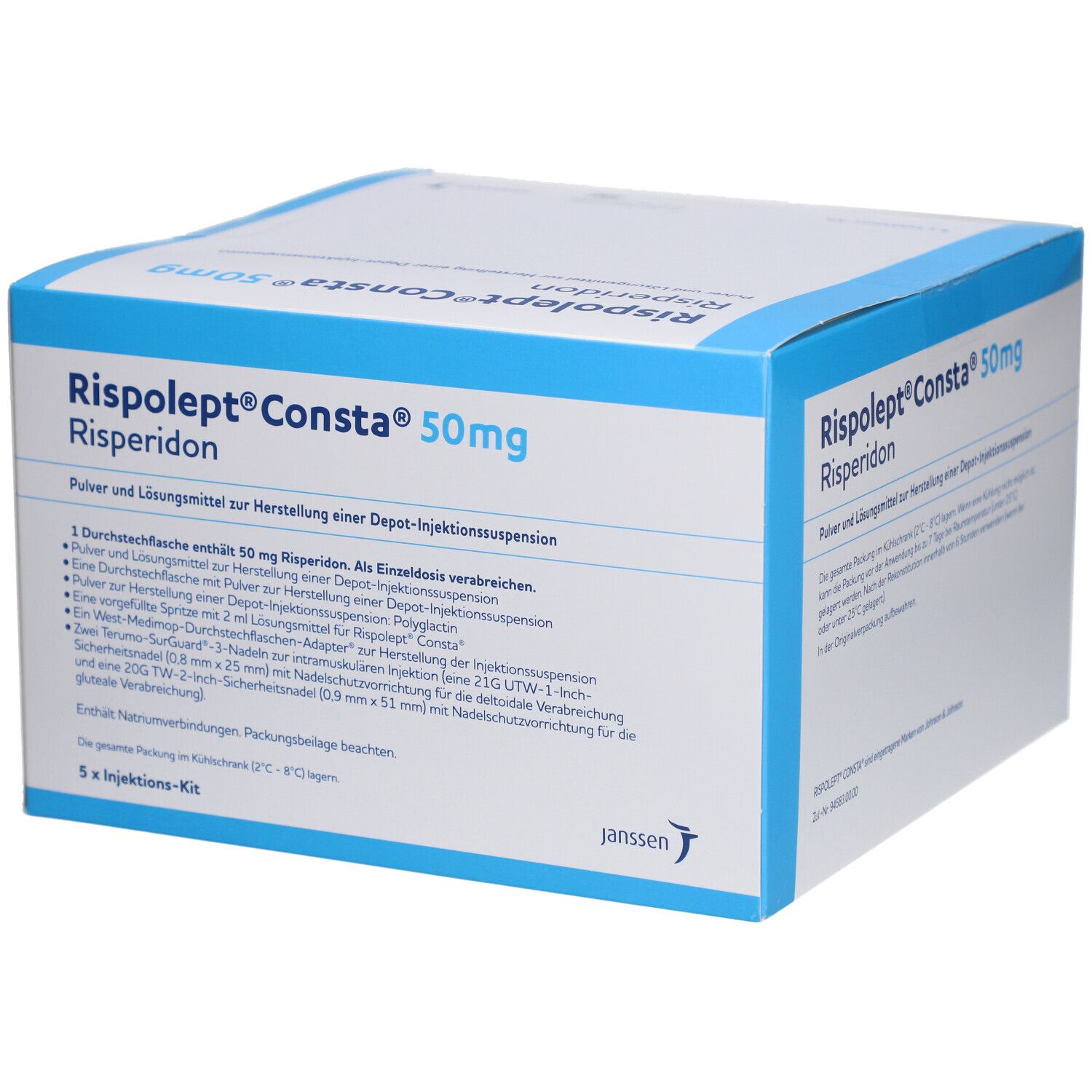 Karton von Risperdal Consta 50mg. Aufschrift: Risperidon, Pulver und Lösungsmittel zur Herstellung einer Depot-Injektionssuspension. Janssen Logo.