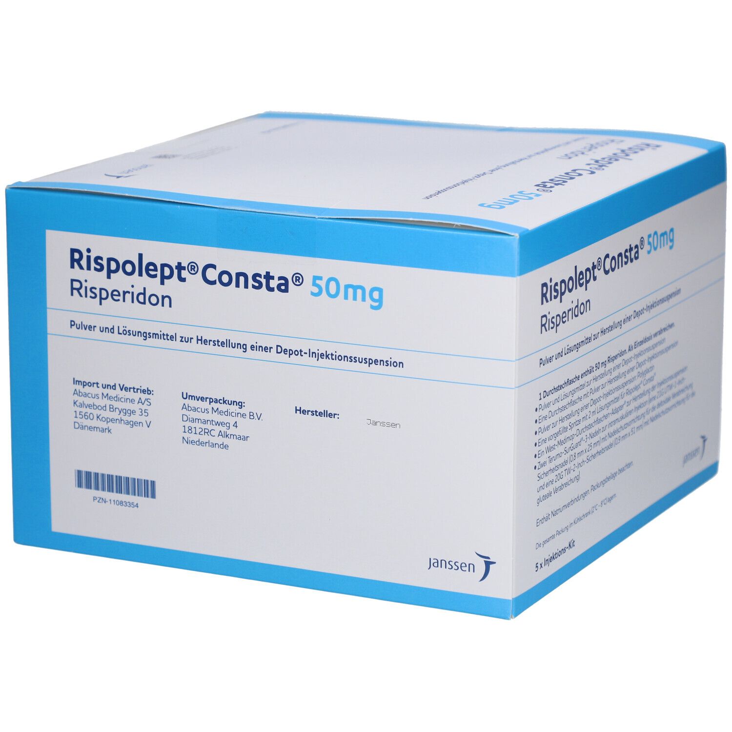 Karton von Risperdal Consta 50mg. Aufschrift: Risperidon, Pulver und Lösungsmittel zur Herstellung einer Depot-Injektionssuspension. Janssen Logo.