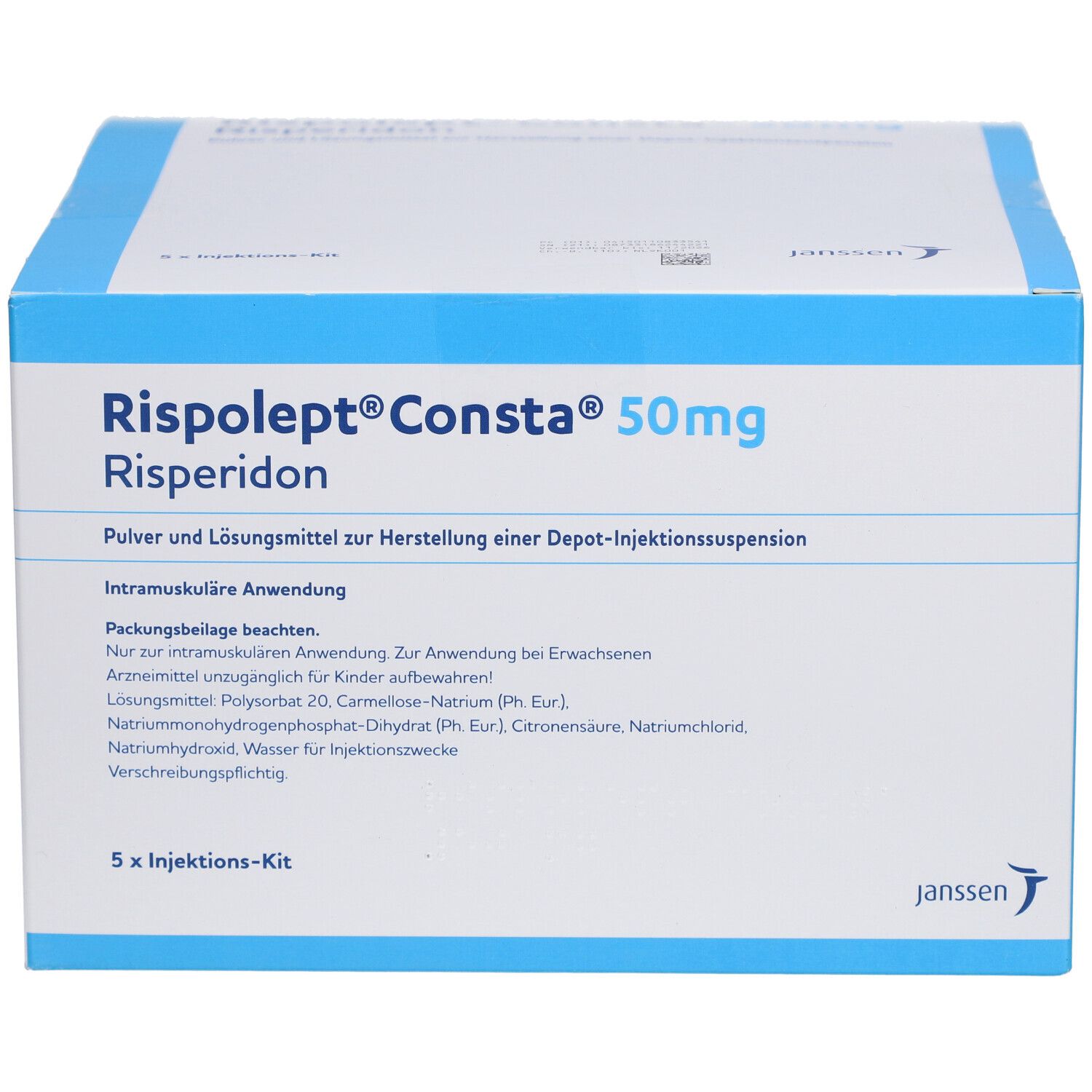 Karton von Risperdal Consta 50mg. Aufschrift: Risperidon, Pulver und Lösungsmittel zur Herstellung einer Depot-Injektionssuspension. Janssen Logo.