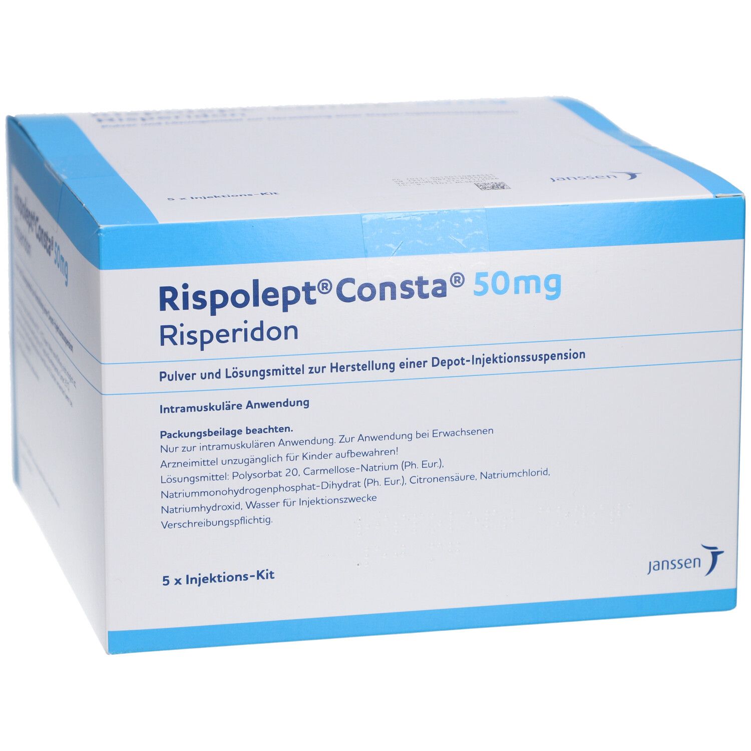Karton von Risperdal Consta 50mg. Aufschrift: Risperidon, Pulver und Lösungsmittel zur Herstellung einer Depot-Injektionssuspension. Janssen Logo.