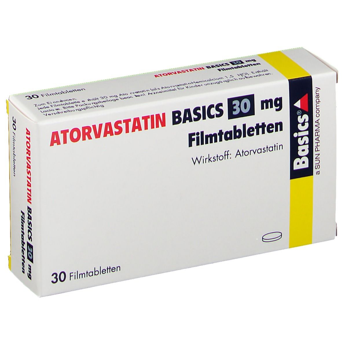 Schachtel mit ATORVASTATIN BASICS 30 mg Filmtabletten. 30 Tabletten. Wirkstoff: Atorvastatin. Marke Basics, SUN PHARMA.