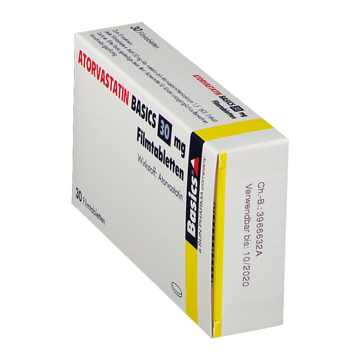 Schachtel ATORVASTATIN BASICS 30 mg. 30 Filmtabletten. Wirkstoff: Atorvastatin. Marke Basics. Verwendbar bis 10/2020.