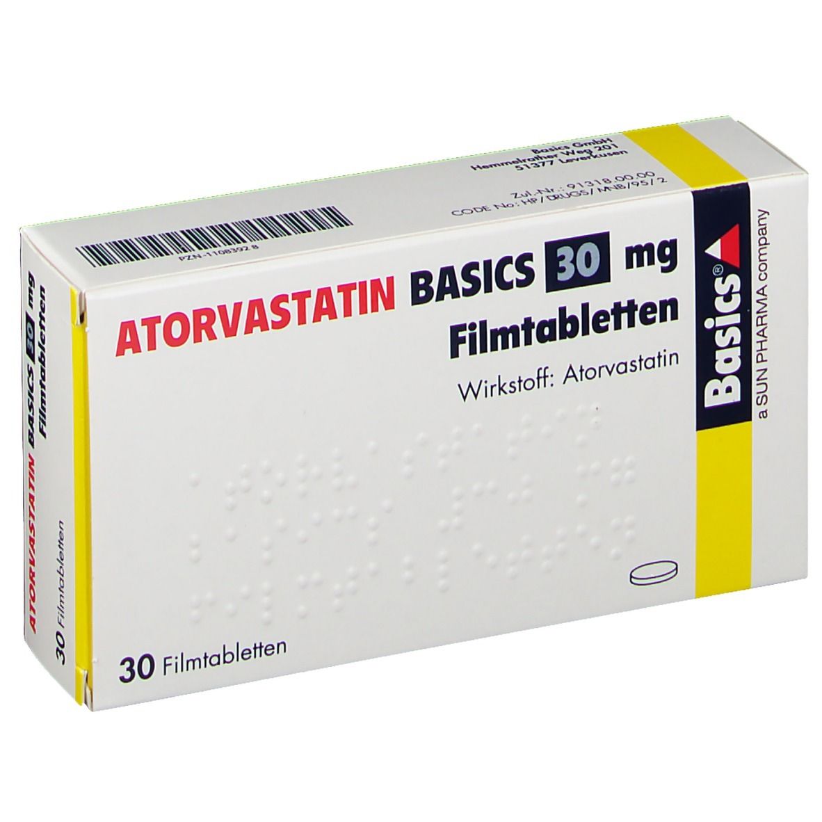 Schachtel mit ATORVASTATIN BASICS 30 mg Filmtabletten. 30 Tabletten. Wirkstoff: Atorvastatin. Marke Basics, SUN PHARMA.