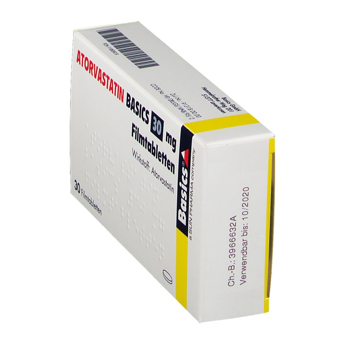 Schachtel ATORVASTATIN BASICS 30 mg. 30 Filmtabletten. Wirkstoff: Atorvastatin. Marke Basics. Verwendbar bis 10/2020.
