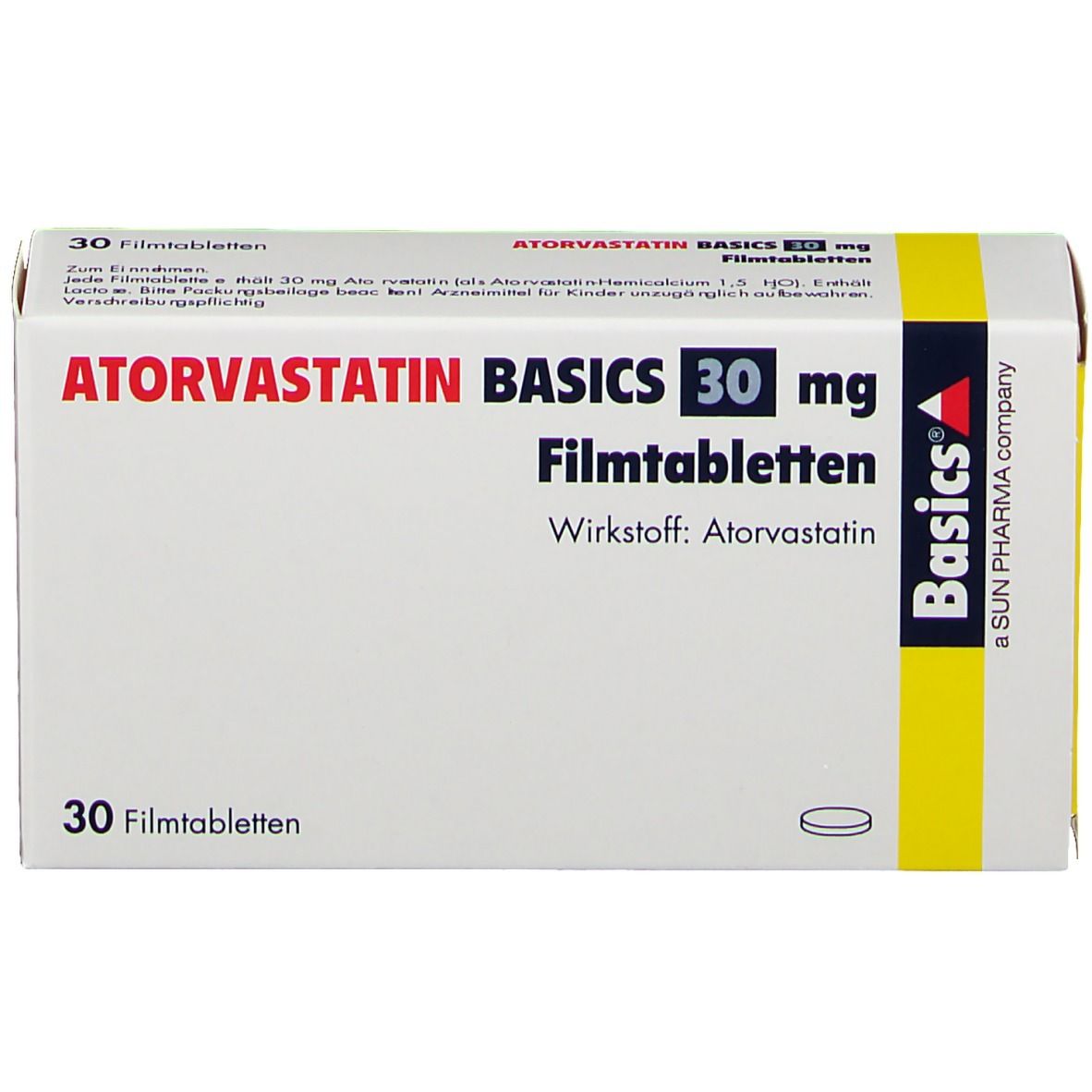 Schachtel mit ATORVASTATIN BASICS 30 mg Filmtabletten. 30 Tabletten. Wirkstoff: Atorvastatin. Marke Basics, SUN PHARMA.