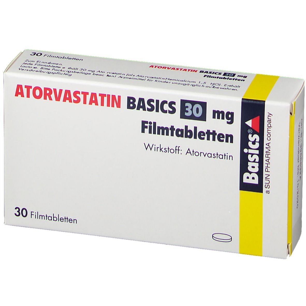 Schachtel mit ATORVASTATIN BASICS 30 mg Filmtabletten. 30 Tabletten. Wirkstoff: Atorvastatin. Marke Basics, SUN PHARMA.