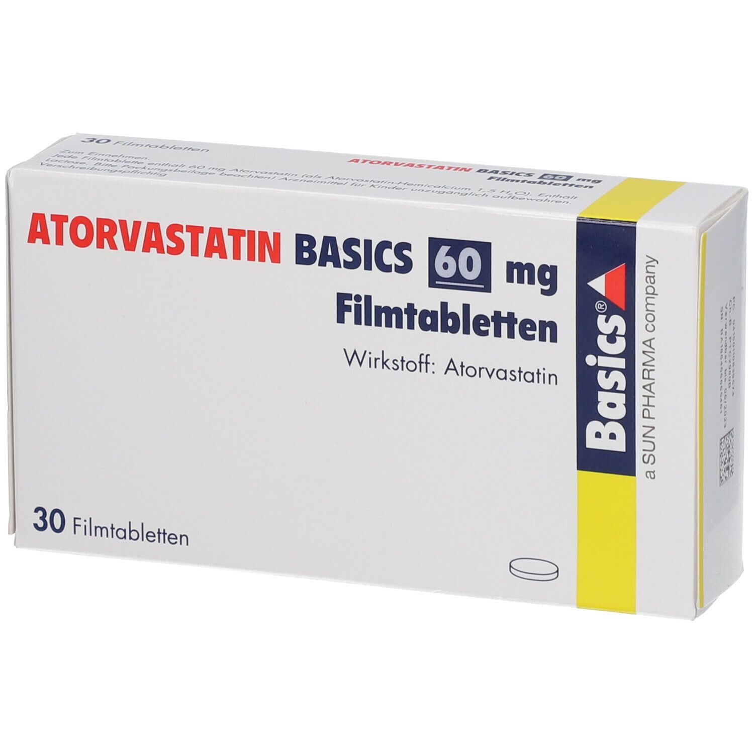 Schachtel mit ATORVASTATIN BASICS 60 mg Filmtabletten. Aufschrift: 30 Filmtabletten, Wirkstoff: Atorvastatin. Marke: Basics.