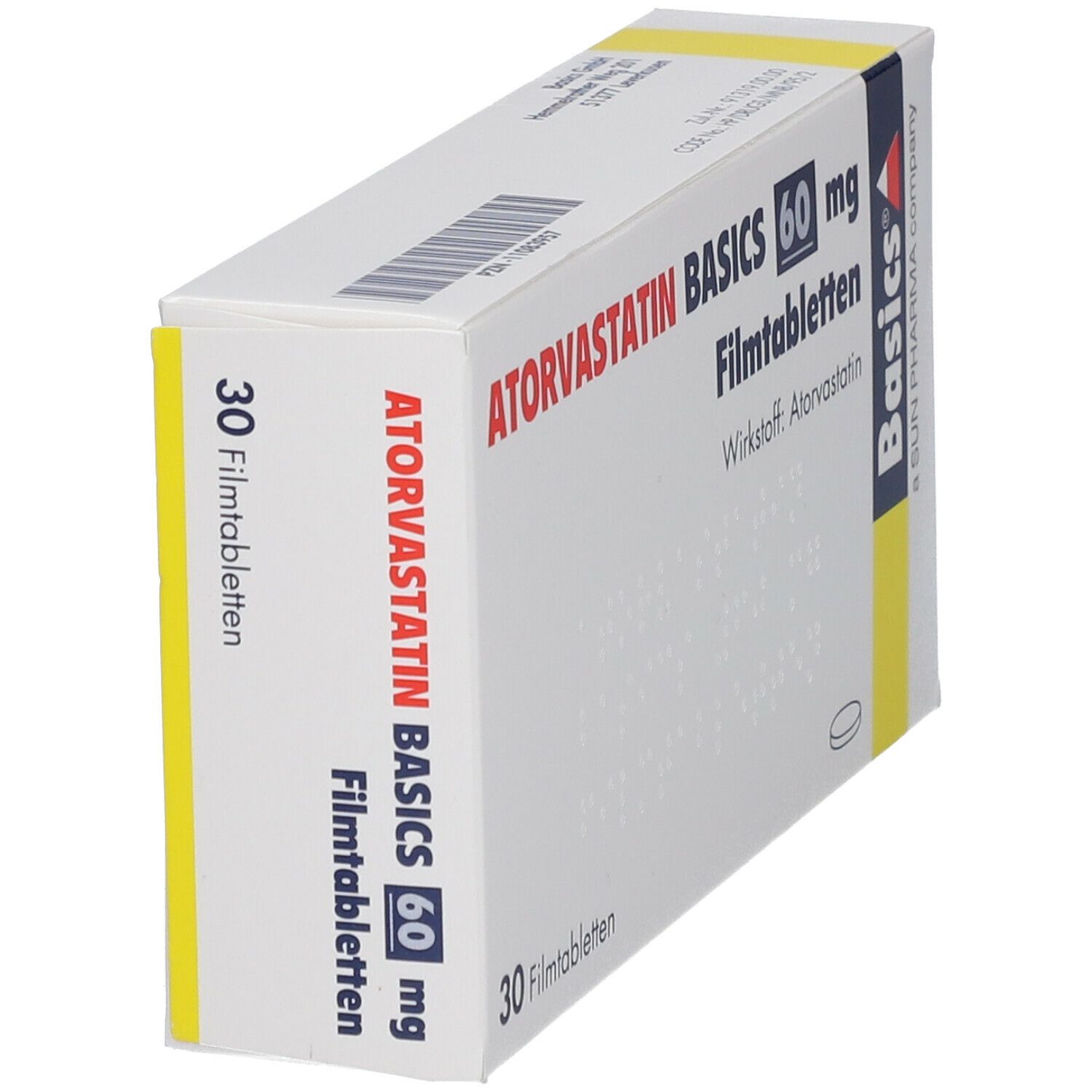 Schachtel mit ATORVASTATIN BASICS 60 mg Filmtabletten. Aufschrift: 30 Filmtabletten, Wirkstoff: Atorvastatin. Marke: Basics. Perspektivische Ansicht.