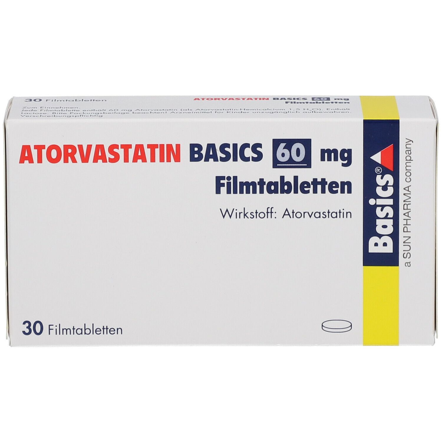 Schachtel mit ATORVASTATIN BASICS 60 mg Filmtabletten. Aufschrift: 30 Filmtabletten, Wirkstoff: Atorvastatin. Marke: Basics.