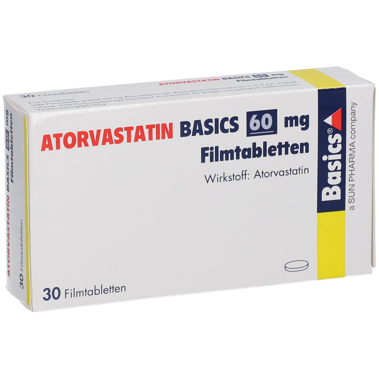 Schachtel mit ATORVASTATIN BASICS 60 mg Filmtabletten. Aufschrift: 30 Filmtabletten, Wirkstoff: Atorvastatin. Marke: Basics.