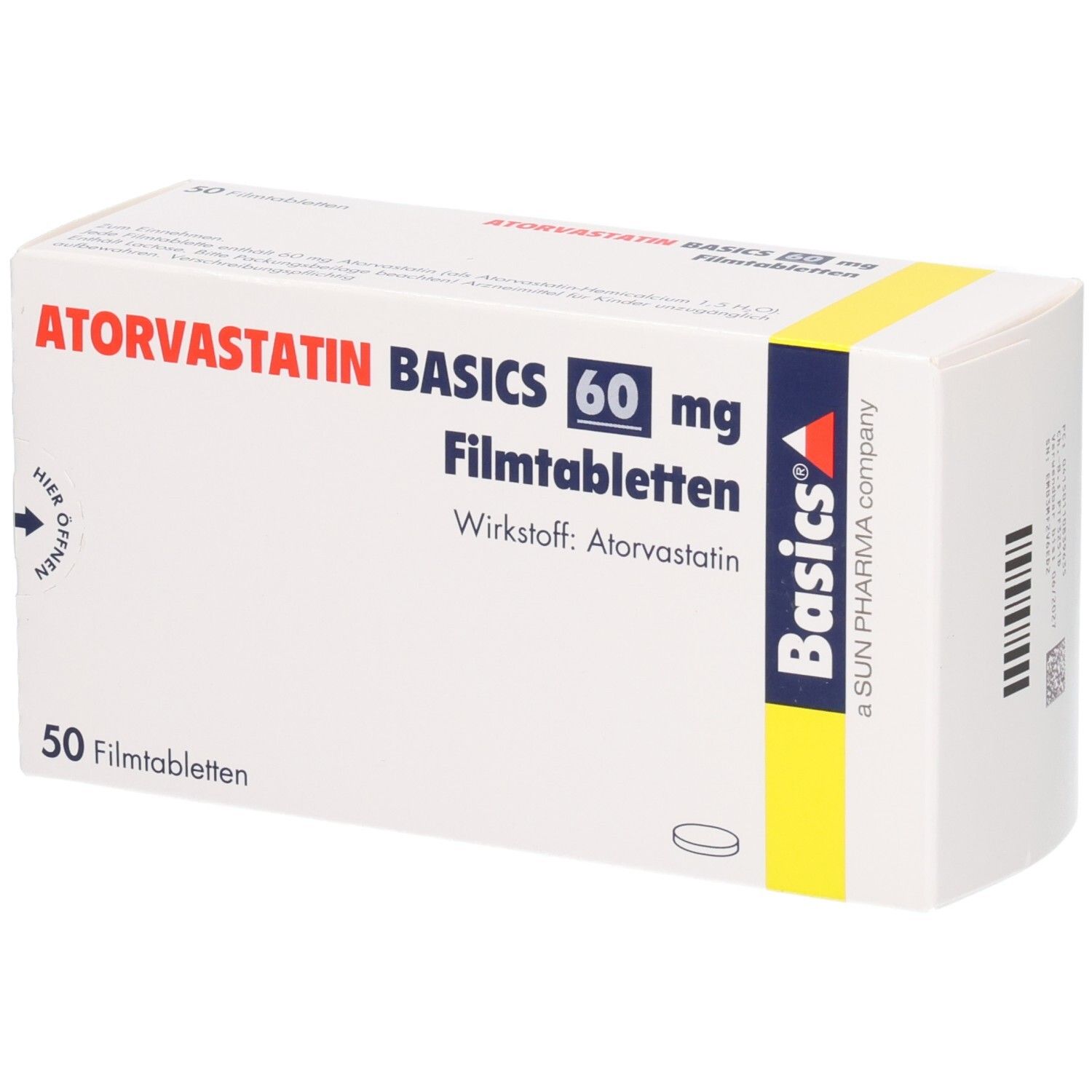 Verpackung ATORVASTATIN BASICS 60 mg Filmtabletten, 50 Stück.