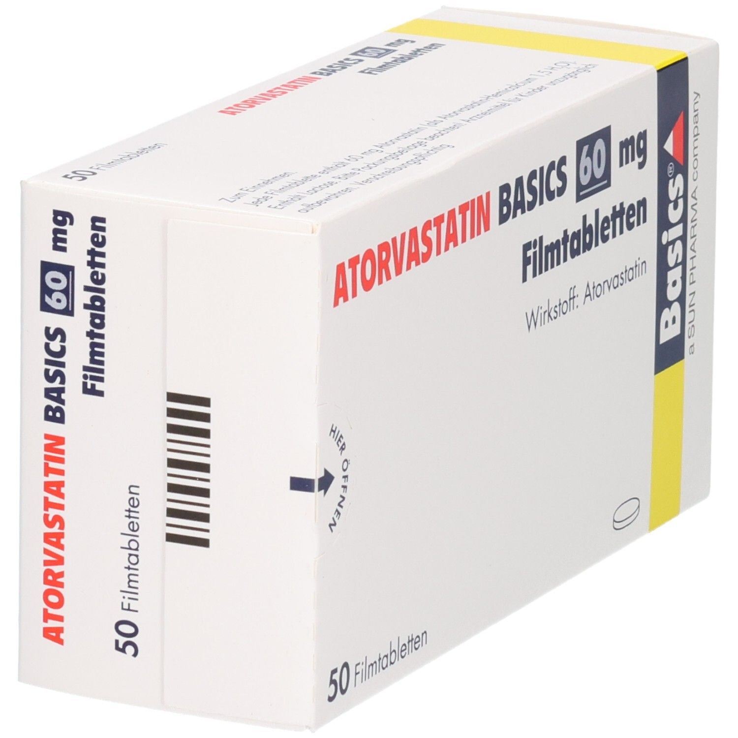 Seitenansicht der Verpackung ATORVASTATIN BASICS 60 mg Filmtabletten.