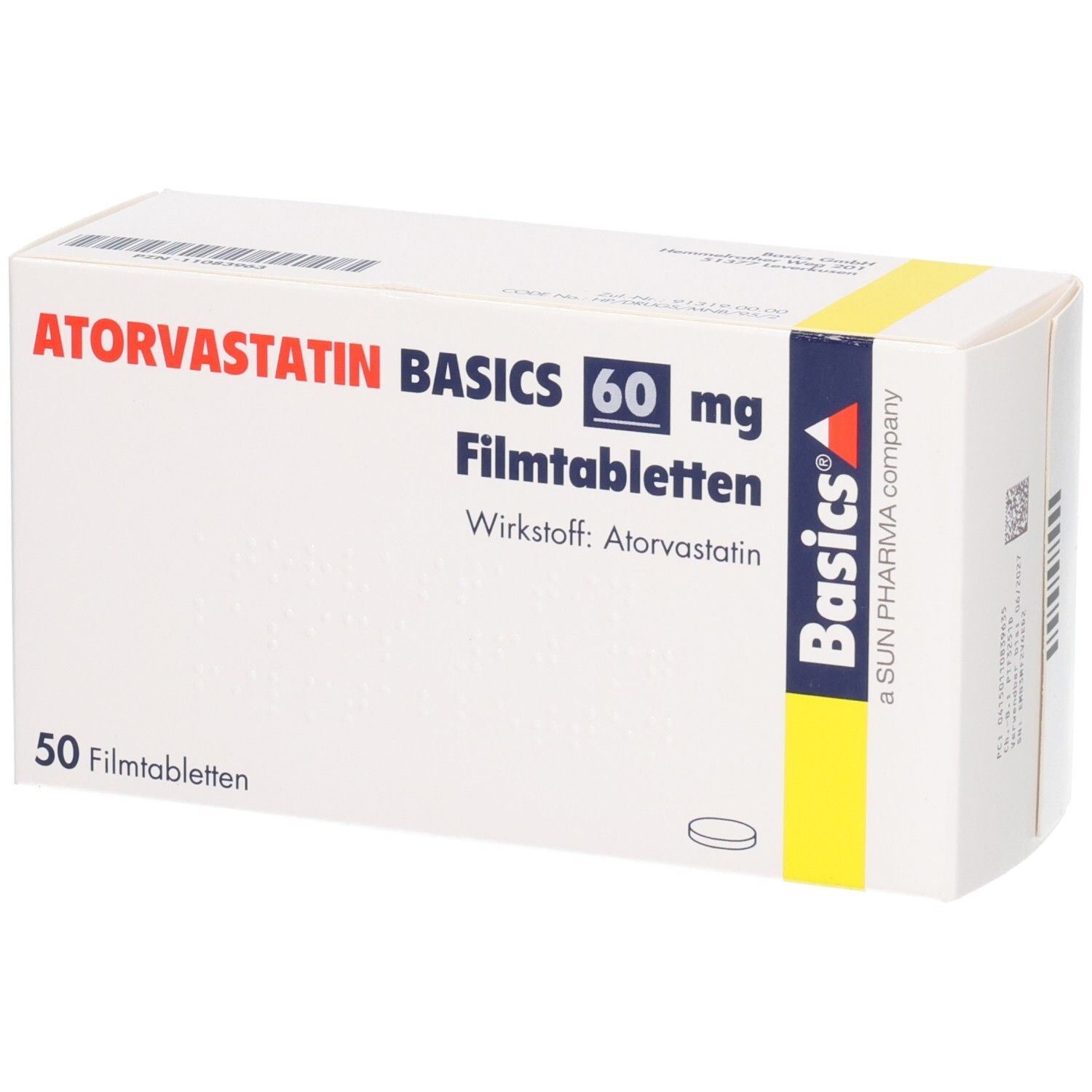 Schachtel mit ATORVASTATIN BASICS 60 mg Filmtabletten. Aufschrift: 50 Filmtabletten. Basics Logo. Wirkstoff: Atorvastatin.