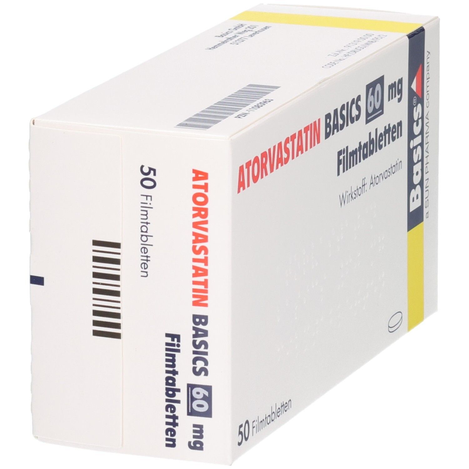 Schachtel mit ATORVASTATIN BASICS 60 mg Filmtabletten. Aufschrift: 50 Filmtabletten. Basics Logo. Barcode.
