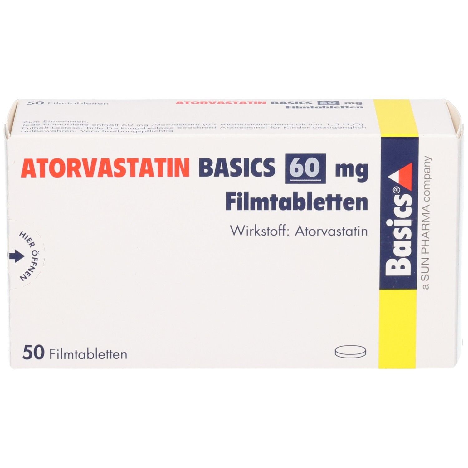 Schachtel mit ATORVASTATIN BASICS 60 mg Filmtabletten. Aufschrift: 50 Filmtabletten. Basics Logo. Wirkstoff: Atorvastatin. Öffnungshinweis.