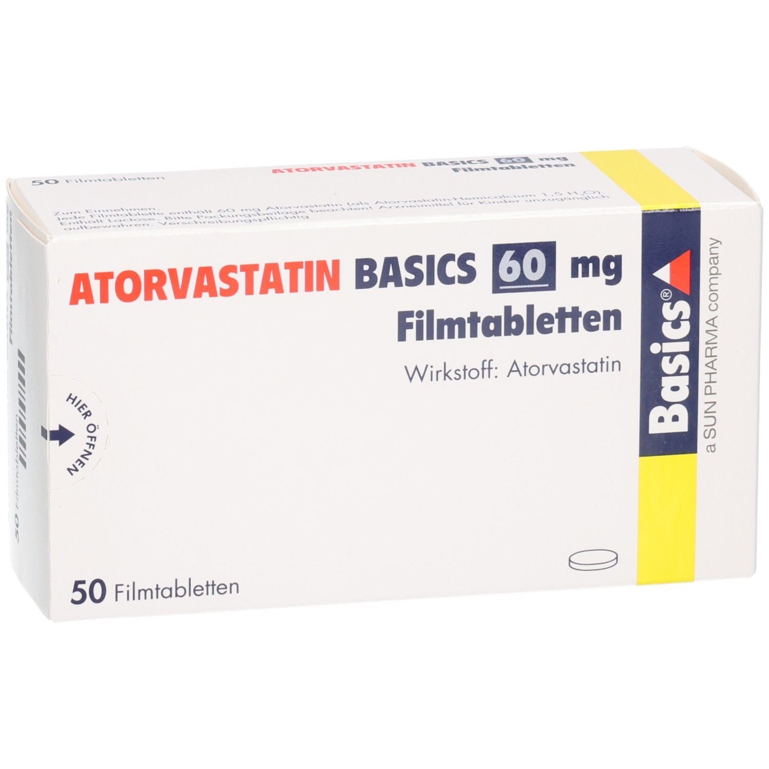 Vorderseite der Verpackung ATORVASTATIN BASICS 60 mg Filmtabletten, 50 Stück.