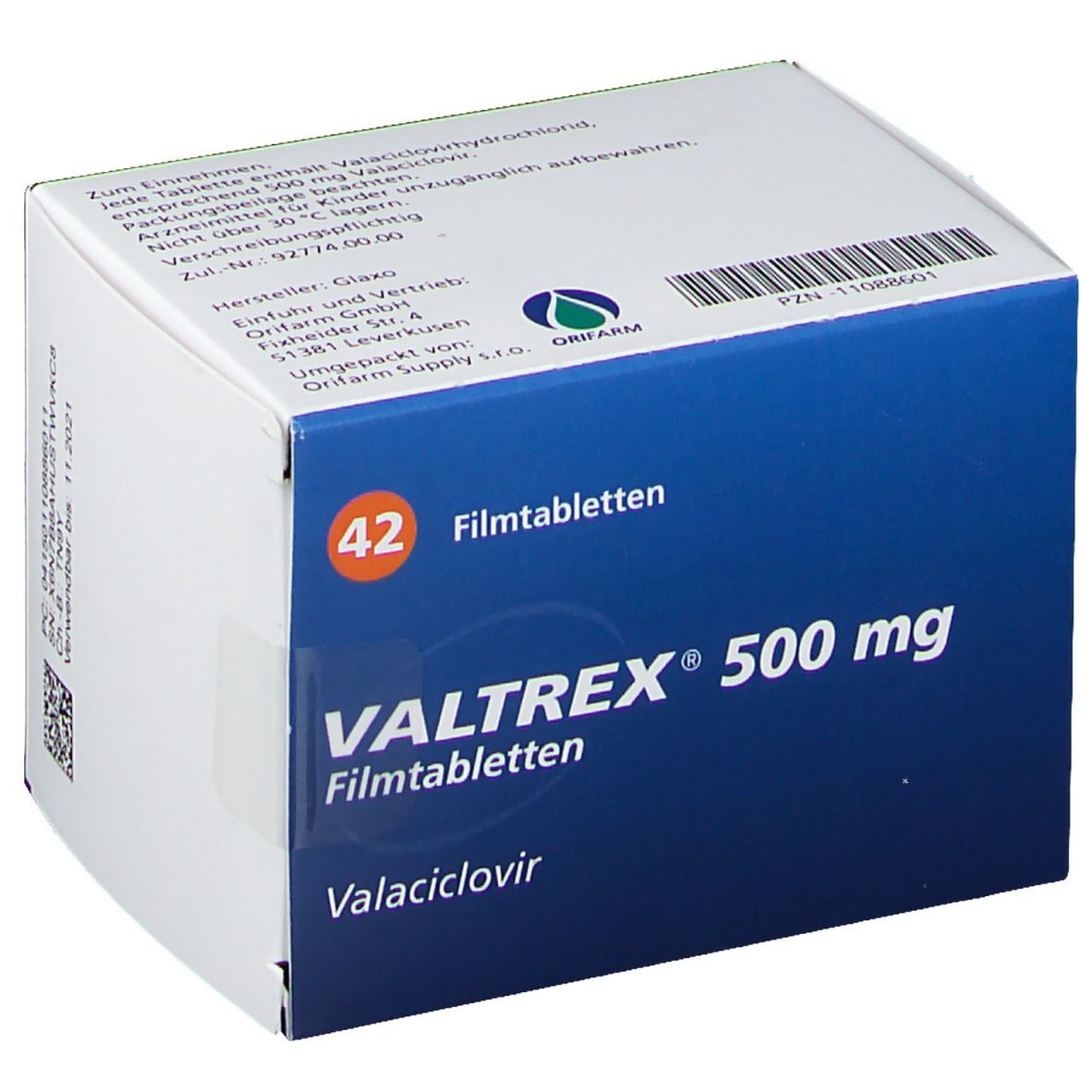 Blau-weiße Schachtel mit VALTREX 500 mg. Enthält 42 Filmtabletten. Valaciclovir. Hersteller Glaxo. Oben Text in Deutsch.