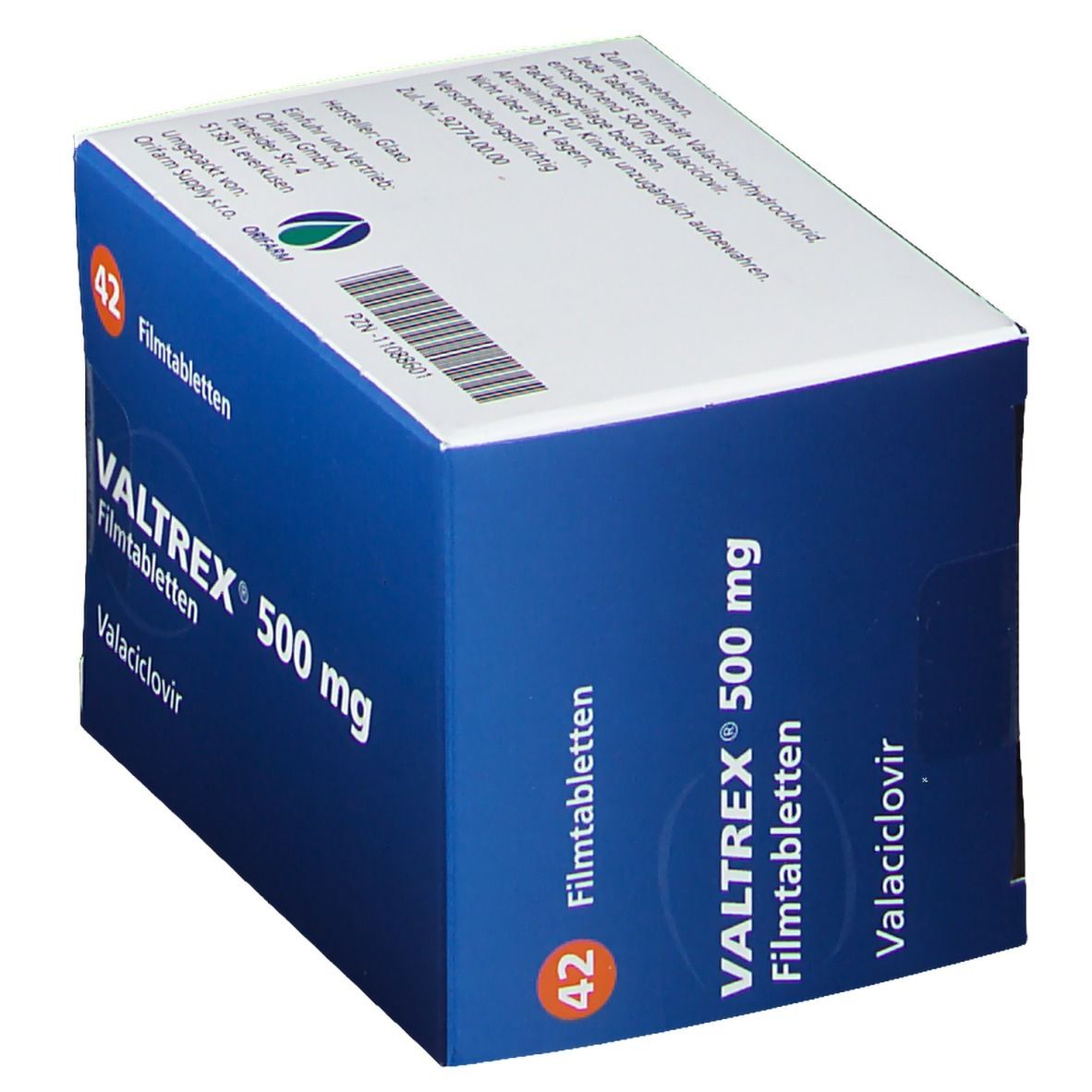 Valtrex 500 mg Filmtabletten-Schachtel. Blaue und weiße Verpackung mit Produktnamen und Dosierung. 42 Tabletten.
