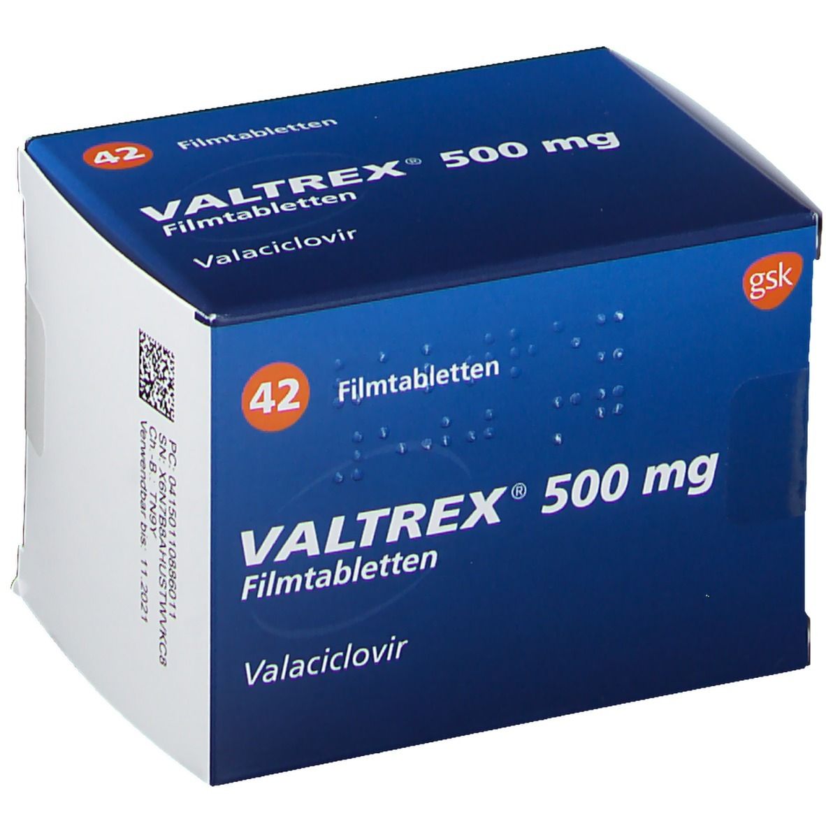 Valtrex 500 mg Filmtabletten-Schachtel. Blaue Verpackung mit Produktnamen und Dosierung. 42 Tabletten. GSK-Logo.