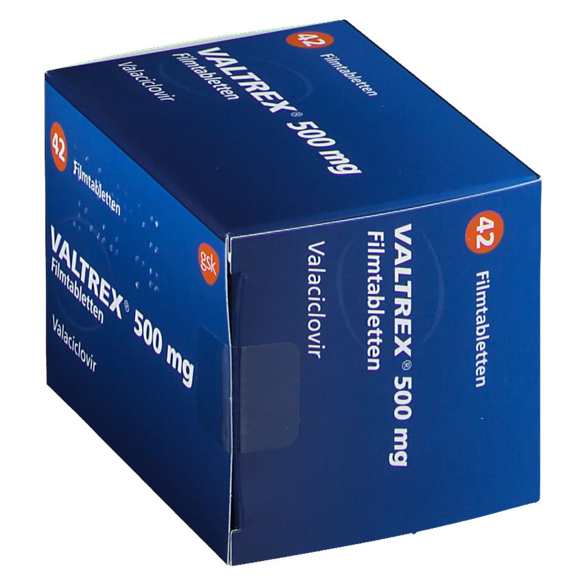 Valtrex 500 mg Filmtabletten-Schachtel. Blaue Verpackung mit Produktnamen und Dosierung. 42 Tabletten. GSK-Logo.