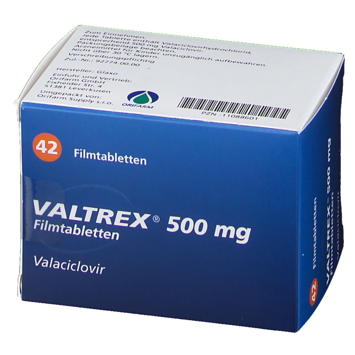 Valtrex 500 mg Filmtabletten-Schachtel. Blaue und weiße Verpackung mit Produktnamen und Dosierung. 42 Tabletten.