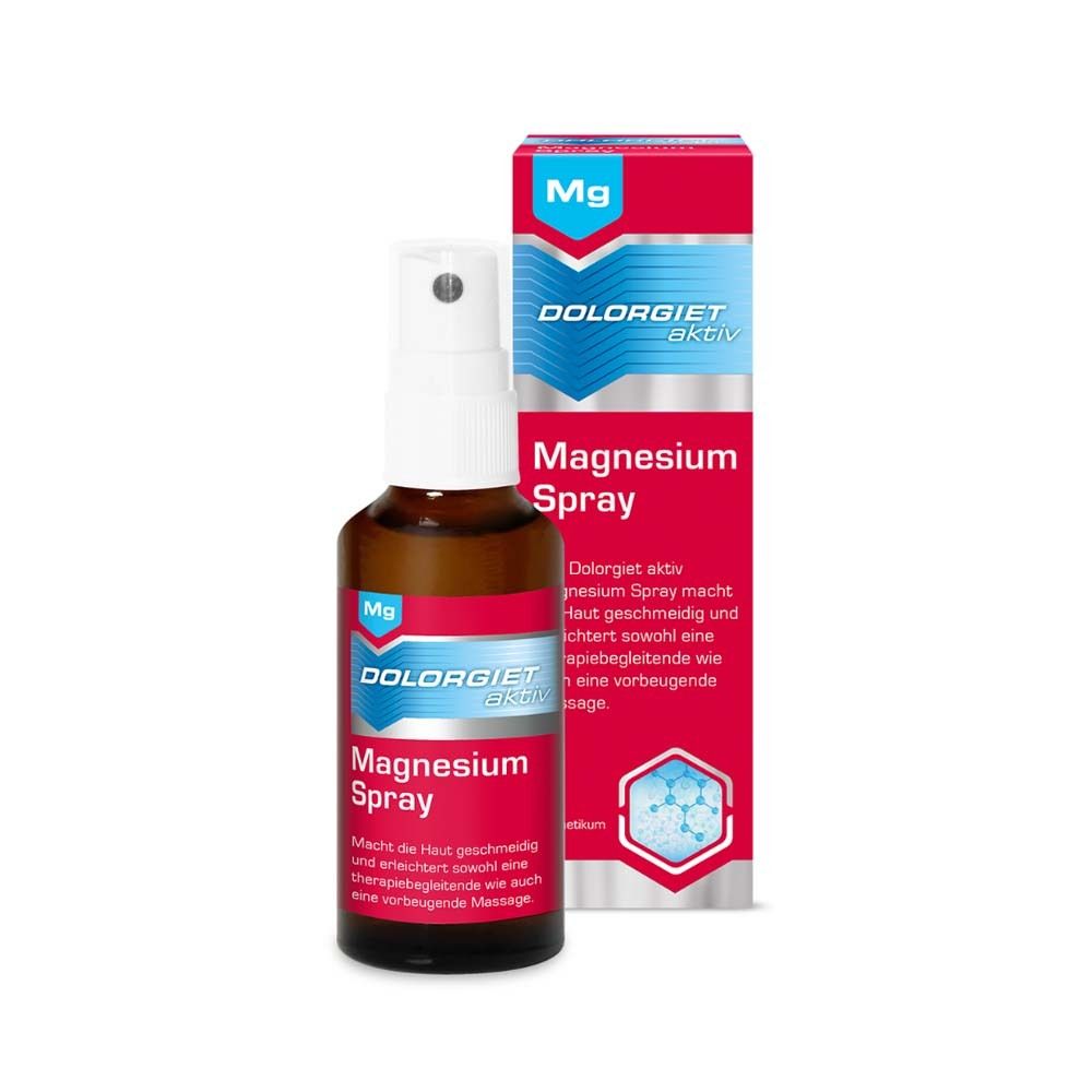 Braune Flasche mit Sprühkopf und roter Verpackung. Aufschrift: Dolorgiet aktiv Magnesium Spray.
