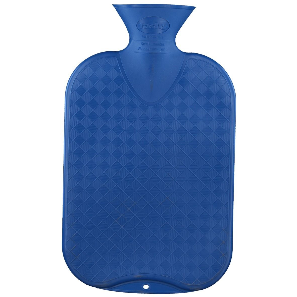 Blaue Wärmflasche mit Rautenmuster. Oben Hals mit Verschluss. Marke Fashy.