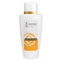 Weiße Flasche mit Goldnerz Körper-Emulsion-Etikett. Gelbes Designelement. Goldener Verschlussring.