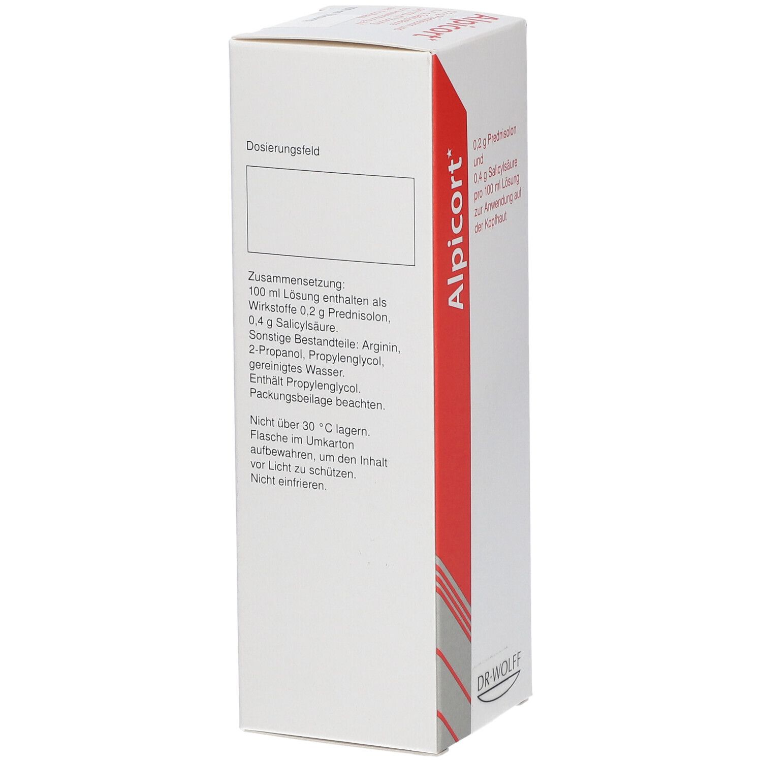 Rückseite der weißen Faltschachtel mit Informationen zu Inhaltsstoffen, Dosierung und Lagerung. Marke: Dr. Wolff.