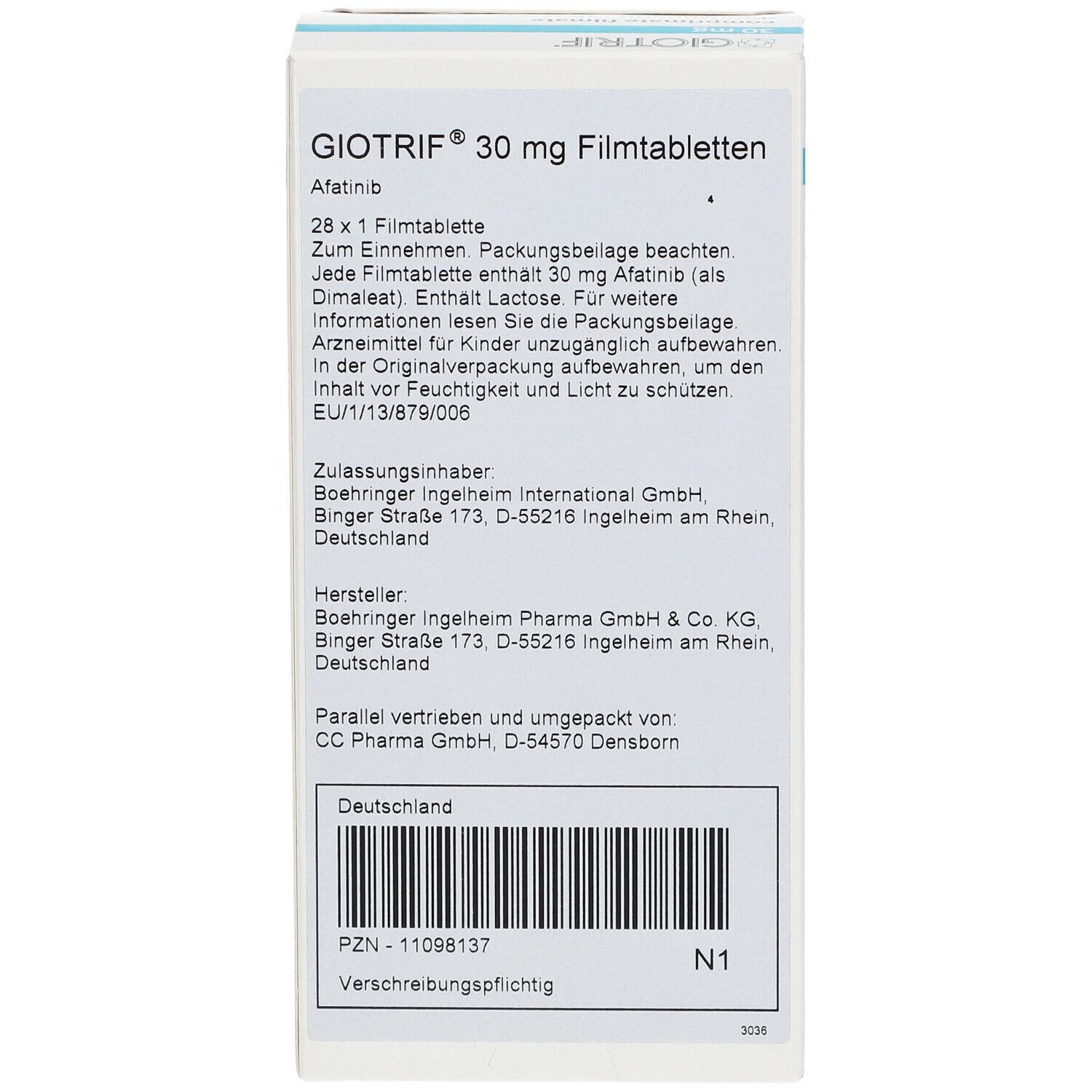 Rückseite der Giotrif 30 mg Schachtel. Beschriftung: 28 x 1 Filmtablette. Enthält Afatinib. Herstellerinformationen und Barcode.