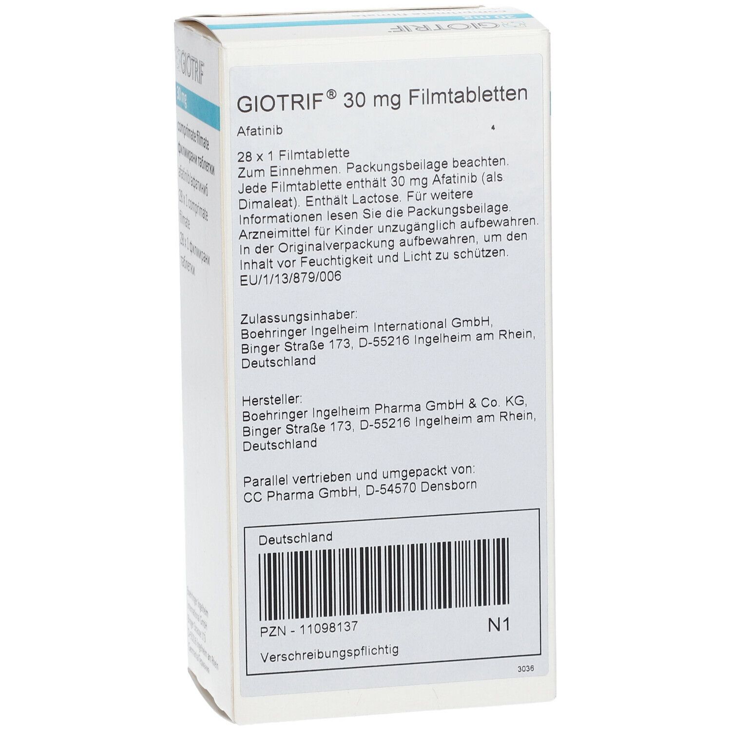 Rückseite der Giotrif 30 mg Schachtel. Beschriftung: 28 x 1 Filmtablette. Enthält Afatinib. Herstellerinformationen und Barcode.