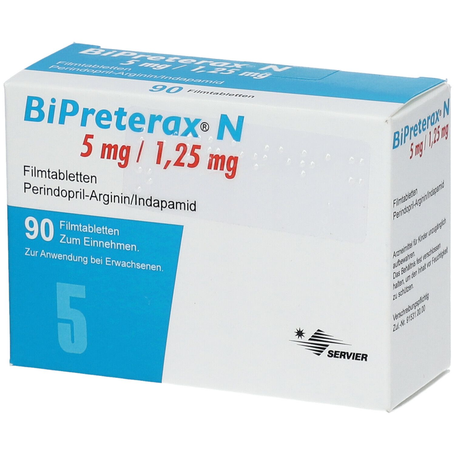 Schachtel mit BiPreterax N 5 mg/1,25 mg Filmtabletten. Enthält 90 Tabletten. Aufschrift: Perindopril-Arginin/Indapamid.