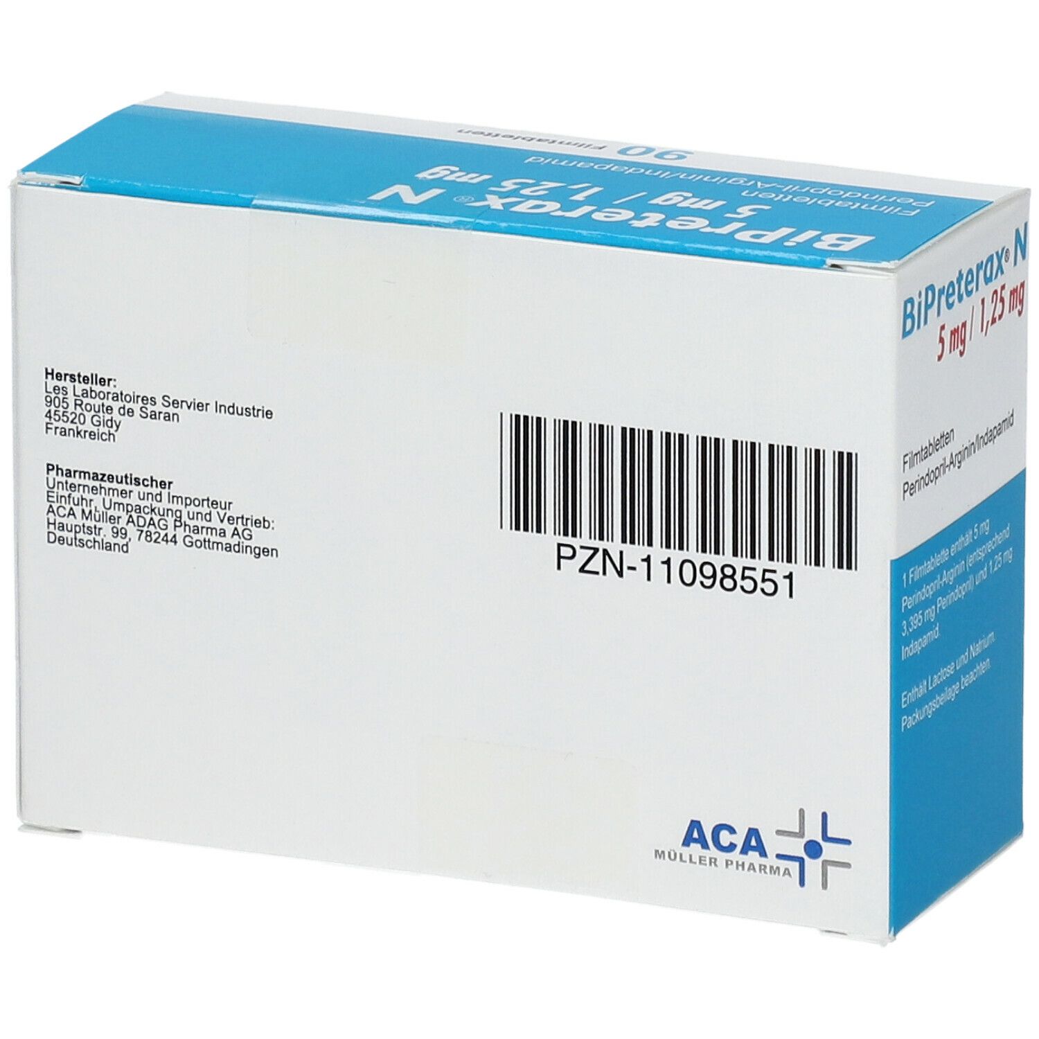 Rückseite einer Schachtel mit BiPreterax N. Enthält Informationen und einen Barcode. ACA Müller Pharma AG.