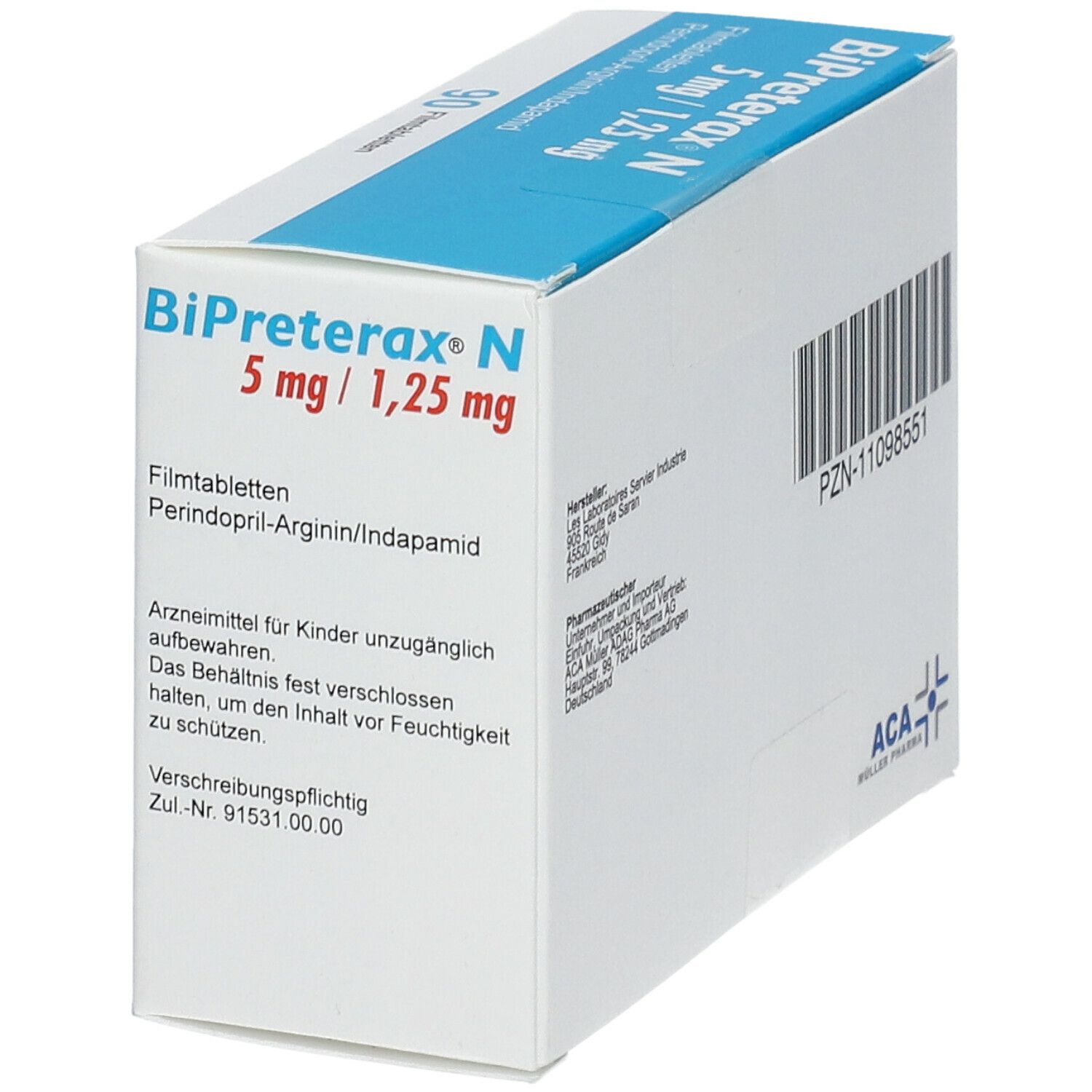 Schachtel mit BiPreterax N 5 mg/1,25 mg Filmtabletten. Aufschrift: Perindopril-Arginin/Indapamid. Barcode und ACA Müller Pharma AG.