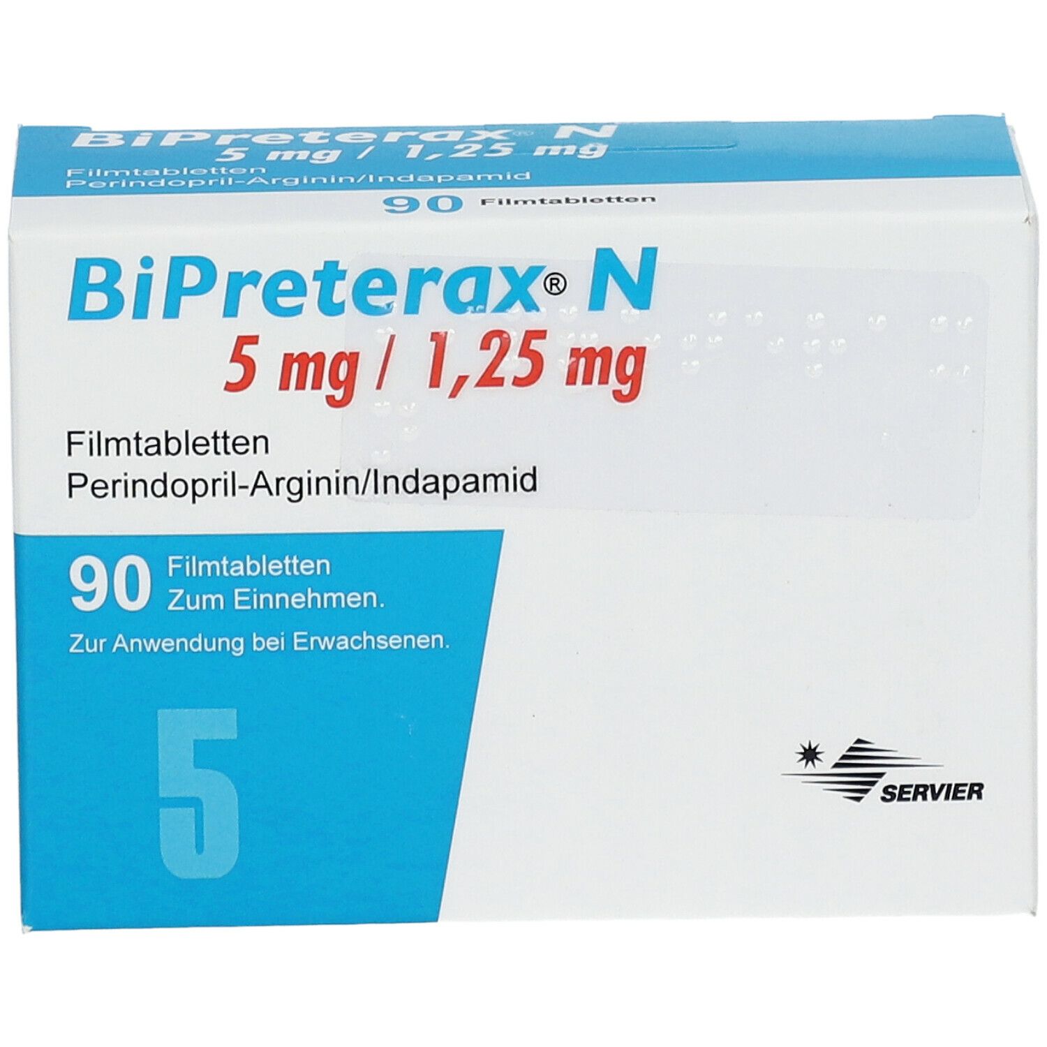 Schachtel mit BiPreterax N 5 mg/1,25 mg Filmtabletten. Enthält 90 Tabletten. Aufschrift: Perindopril-Arginin/Indapamid. SERVIER Logo.