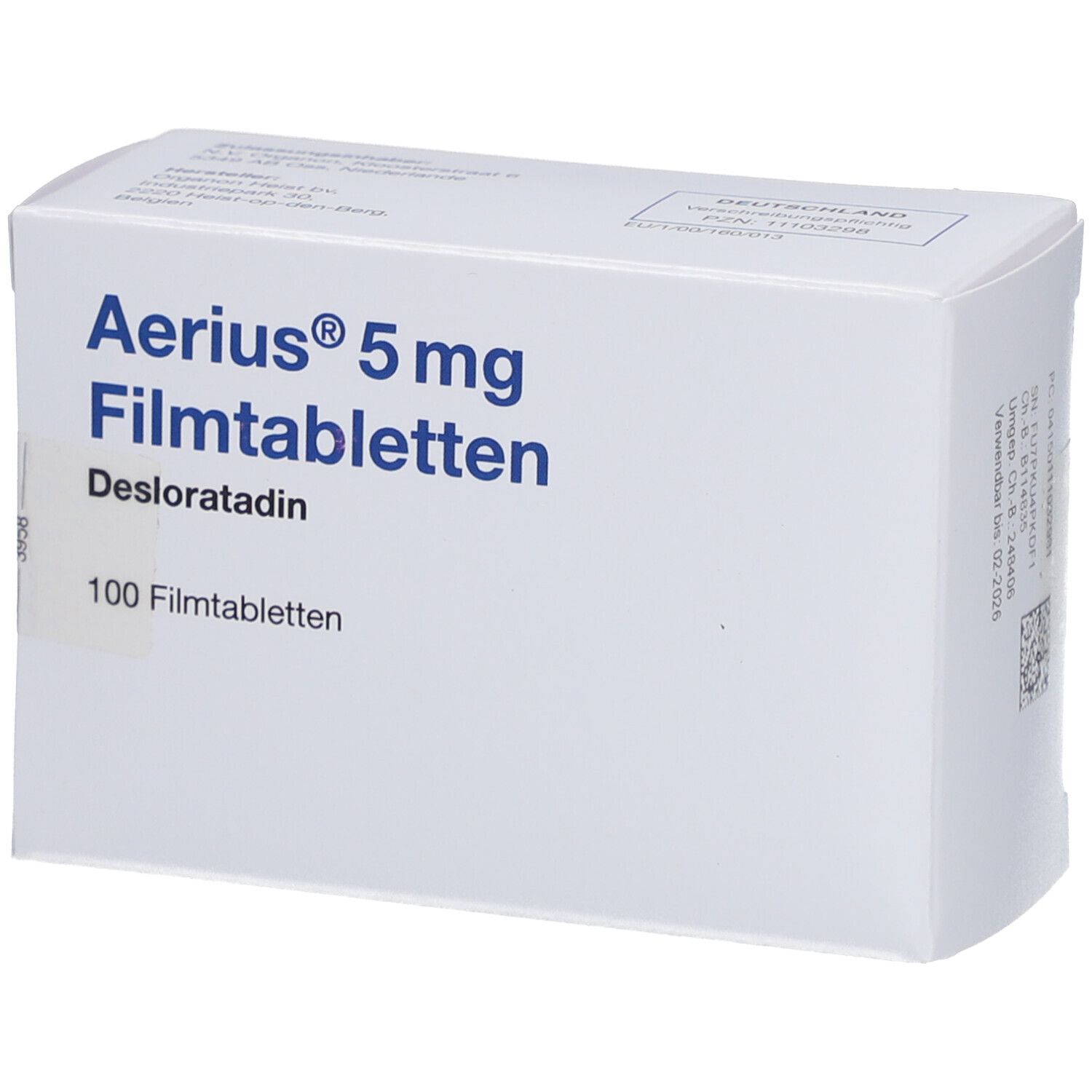 Weiße Schachtel mit blauer Aufschrift: Aerius 5 mg Filmtabletten, Desloratadin, 100 Filmtabletten. Produktverpackung.