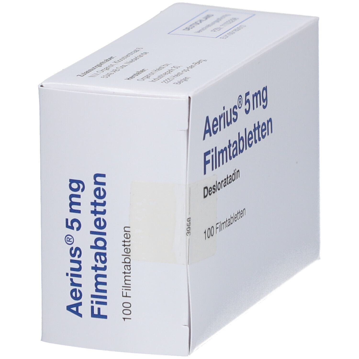 Schachtel mit blauer Aufschrift: Aerius 5 mg Filmtabletten, Desloratadin, 100 Filmtabletten. Perspektivische Ansicht.