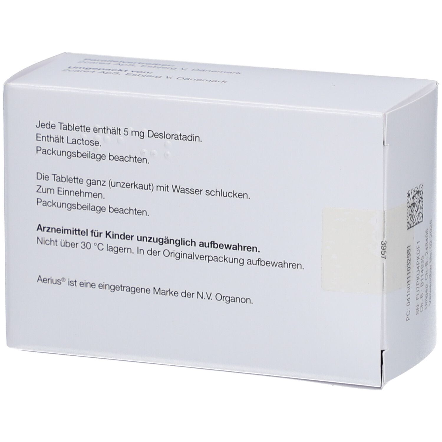 Rückseite der Schachtel mit Text. Enthält Informationen zu Inhaltsstoffen, Anwendung und Lagerung. Arzneimittel.